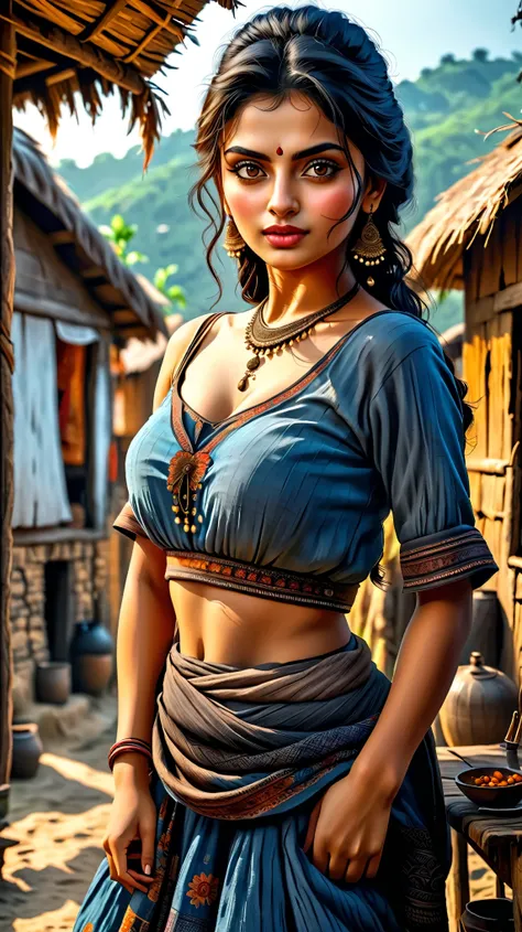 Dynamic photo of a very ugly, bad looking, gorgeous girl(aiswarya Rai), in a hut of a village, realistic cinematic style, 4k ultra HD quality in 3D,undefined,