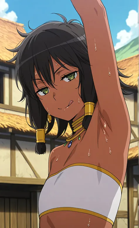 masterpiece, best quality, amazing quality, anime screencap, anime coloring, 1girl, solo, dark skin, short hair, hair tubes, black hair, green eyes, earrings, TionaHiryute, neck ring, necklace, white bandeau, flat chest, arm up, raised arm, armpit, armpit ...