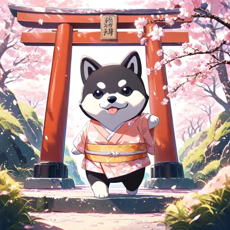 A cute stylized anthropomorphic, semi-human black Shiba Inu, standing upright on two legs with a rounded face, small gentle black eyes, short black fur with white markings, and symmetrical forward-facing ears. It is wearing a traditional Japanese kimono wi...