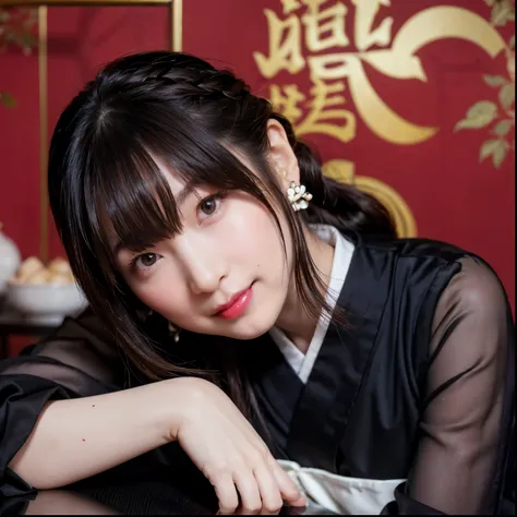    （1 person，solo）（braided ponytail 1:5）（Lola：Rina Ueda）（earrings)（brown hair）（Old-fashioned black Japanese attire 1:2）（Chinese background 1:2）（large breasts 1:2）（Red Lip）（Cute smile）（Cup float 1:2）（lean forward 1:2）