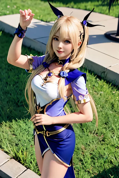 Marie Rose, dark blue eyes, blonde hair, long hair, loose hair, shy, smile, lisa_genshin outfit, photorealistic, Style, beautiful, perfect artwork, romantic, standing, top view