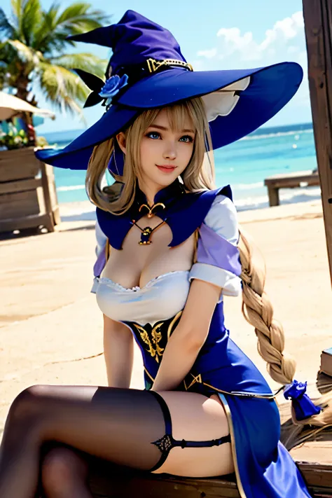Marie Rose, dark blue eyes, blonde hair, twin tails, shy, smile, big breast, lisa_genshin outfit, lisa_genshit witch hat, lisa_genshin black stocking, photorealistic, Style, beautiful, perfect artwork, romantic, sitting