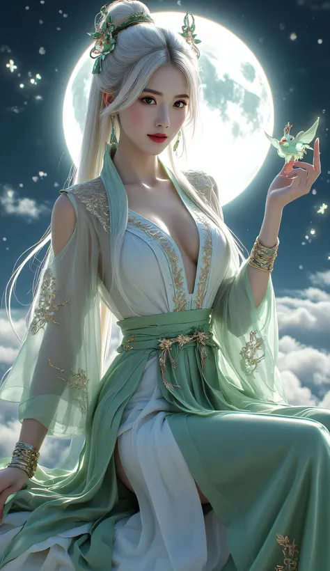 Beautiful moon goddess floating in the night sky, elegant Asian female with soft white hair in a high ponytail, decorated with green and gold hair ornaments, wearing a fantasy-style green and ivory hanfu-inspired outfit, high-slit skirt, golden embroidery,...