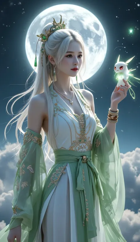 Beautiful moon goddess floating in the night sky, elegant Asian female with soft white hair in a high ponytail, decorated with green and gold hair ornaments, wearing a fantasy-style green and ivory hanfu-inspired outfit, high-slit skirt, golden embroidery,...