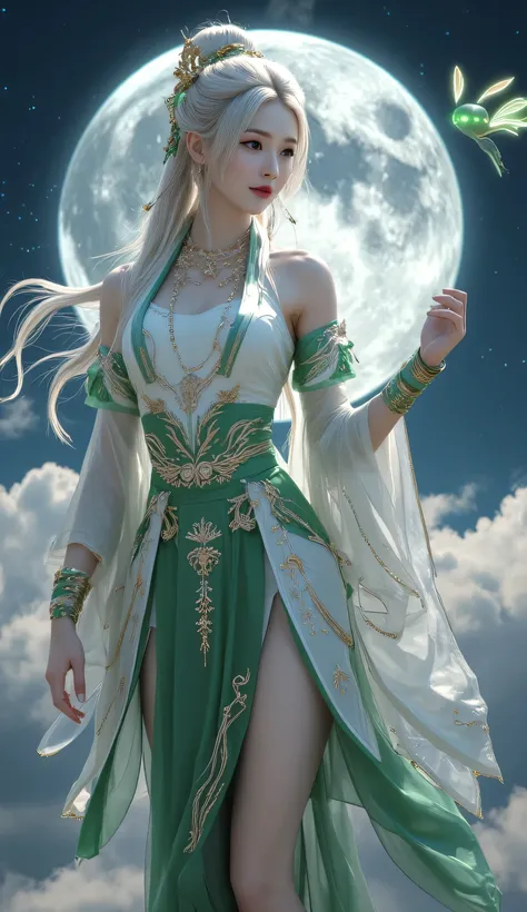 Beautiful moon goddess floating in the night sky, elegant Asian female with soft white hair in a high ponytail, decorated with green and gold hair ornaments, wearing a fantasy-style green and ivory hanfu-inspired outfit, high-slit skirt, golden embroidery,...