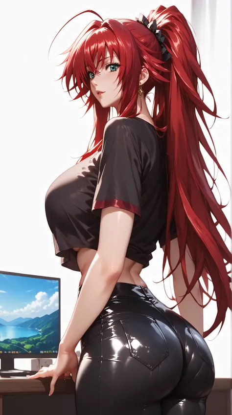  rias gremory,Beautiful girl,girl in a sexy position, red hair, Gorgeous shapes , large shapes,    black pants,black t-shirt, ponytail hair , beautiful woman, beautiful pose,large shapes , beautiful figure,  jacket,wide hips,long hair,wide hips,white backg...