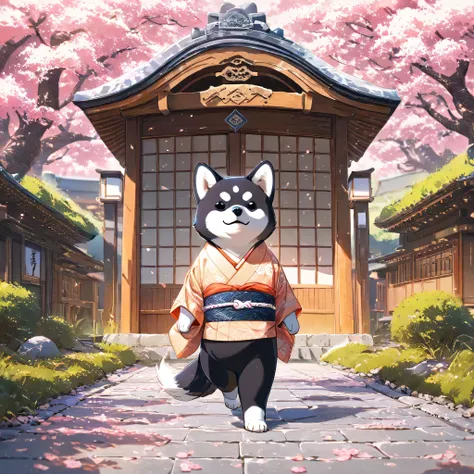 A cute stylized anthropomorphic, semi-human black Shiba Inu, standing upright on two legs with a rounded face, small gentle black eyes, short black fur with white markings, and symmetrical forward-facing ears. It is wearing a traditional Japanese kimono wi...