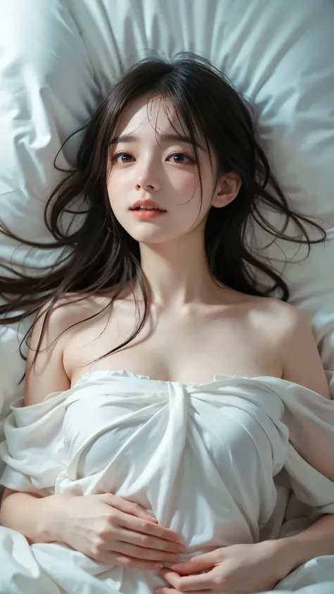 (Girl lying in bed wearing sheets)、(beautiful skin)、( exposes shoulders)、(slender body line)、(detailed hands:1.3, perfect right hand:1.3)、(beautiful breasts)、(disheveled hair)、((Close My Eyes and Panting))、Highest Quality、best quality、Max Masterpiece