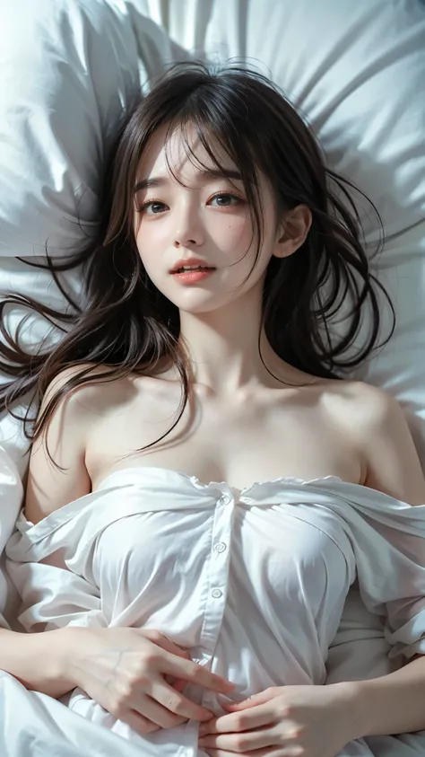 (Girl lying in bed wearing sheets)、(beautiful skin)、( exposes shoulders)、(slender body line)、(detailed hands:1.3, perfect right hand:1.3)、(beautiful breasts)、(disheveled hair)、((Close My Eyes and Panting))、Highest Quality、best quality、Max Masterpiece
