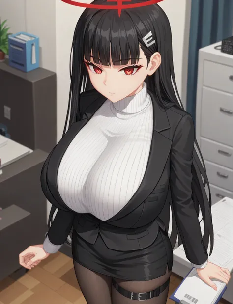 masterpiece, best quality, (anime screenscap:1.4), solo, rio tsukatsuki, black hair, long hair, blunt bangs, red eyes, ((young female, sexy body, huge breasts)), hair ornament, hairclip, halo, red halo, black footwear, black jacket, black pantyhose, black ...