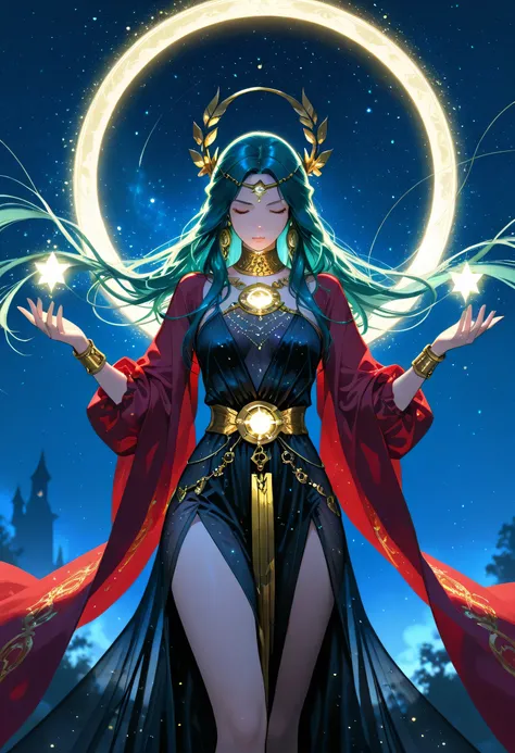 a picture of woman wearing transluminescent dress, black silk dress, intricate dress, transparent dress, red sleeves, epic beautiful woman, divine beauty, serene beauty, lush hair, long hair, stars entwined in the woman's hair, fantasy art, night time, the...