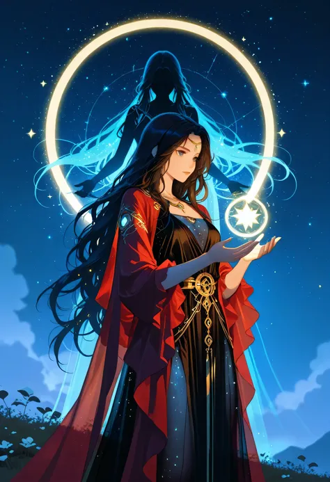 a picture of woman wearing transluminescent dress, black silk dress, intricate dress, transparent dress, red sleeves, epic beautiful woman, divine beauty, serene beauty, lush hair, long hair, stars entwined in the woman's hair, fantasy art, night time, the...