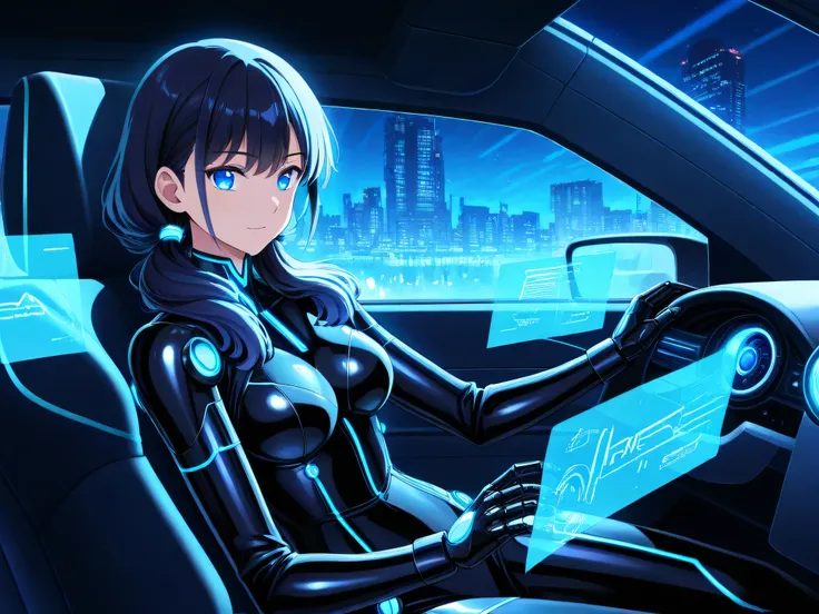 A cybernetic anime girl with glowing neon-blue eyes and sleek robotic arms, driving a futuristic sports car at high speed through a neon-lit city at night. Her hair flows in the wind, wearing a black and chrome cyber-suit, surrounded by holographic display...