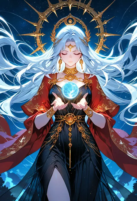 a picture of woman wearing transluminescent dress, black silk dress, intricate dress, transparent dress, red sleeves, epic beautiful woman, divine beauty, serene beauty, silver hair, shining hair, lush hair, long hair, stars entwined in the woman's hair, f...