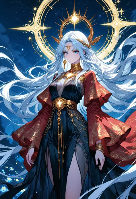 a picture of woman wearing transluminescent dress, black silk dress, intricate dress, transparent dress, red sleeves, epic beautiful woman, divine beauty, serene beauty, silver hair, shining hair, lush hair, long hair, stars entwined in the woman's hair, f...