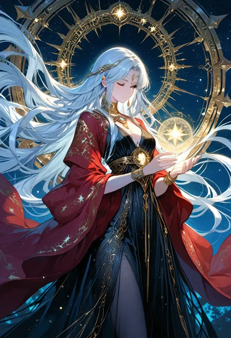 a picture of woman wearing transluminescent dress, black silk dress, intricate dress, transparent dress, red sleeves, epic beautiful woman, divine beauty, serene beauty, silver hair, shining hair, lush hair, long hair, stars entwined in the woman's hair, f...