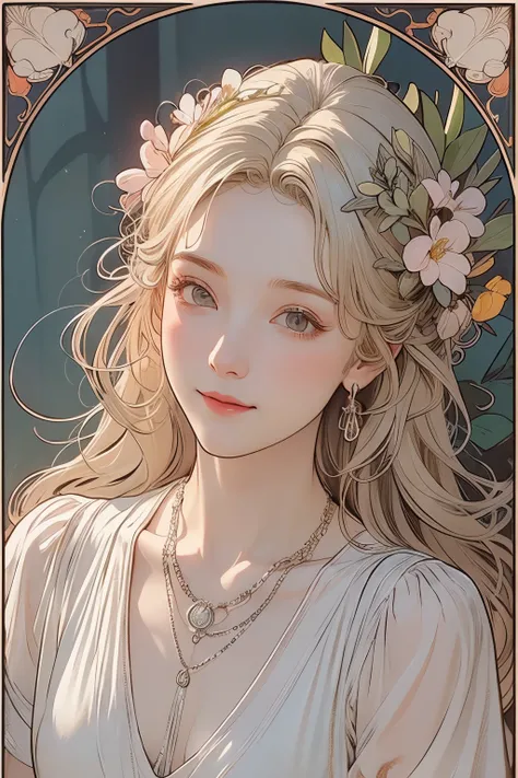 (oil painting of a young, beautiful woman), striking portrait, (calm, gentle, girlish smile), ((almost straight, medium-length blonde silver-gray hair)), (close-up), (simple, urban, sharp shirt in soft colors), (slim figure), small necklace, fine and preci...