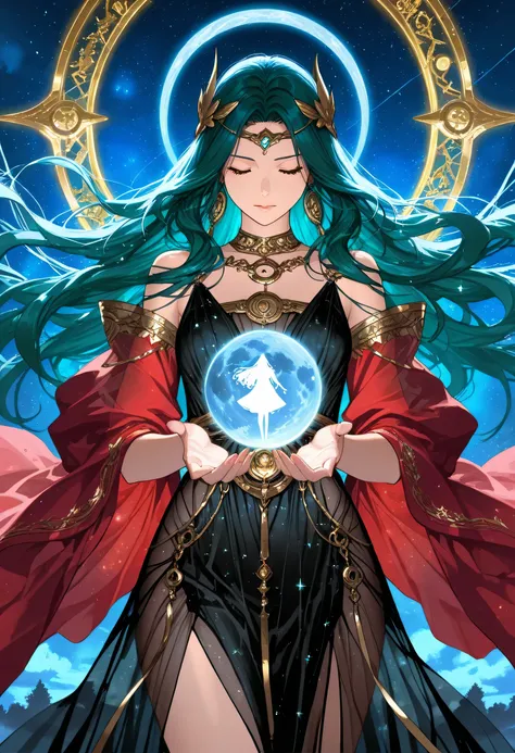 a picture of woman wearing transluminescent dress, black silk dress, intricate dress, transparent dress, red sleeves, epic beautiful woman, divine beauty, serene beauty, lush hair, long hair, stars entwined in the woman's hair, fantasy art, night time, the...