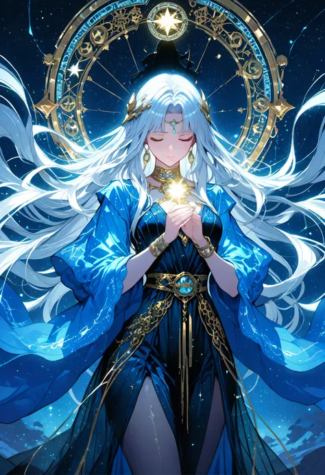 a picture of woman wearing transluminescent dress, black silk dress, intricate dress, transparent dress, blue sleeves, epic beautiful woman, divine beauty, serene beauty, silver hair, shining hair, lush hair, long hair, stars entwined in the woman's hair, ...