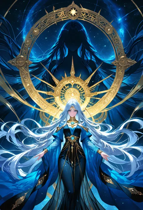 a picture of woman wearing transluminescent dress, black silk dress, intricate dress, transparent dress, blue sleeves, epic beautiful woman, divine beauty, serene beauty, silver hair, shining hair, lush hair, long hair, stars entwined in the woman's hair, ...