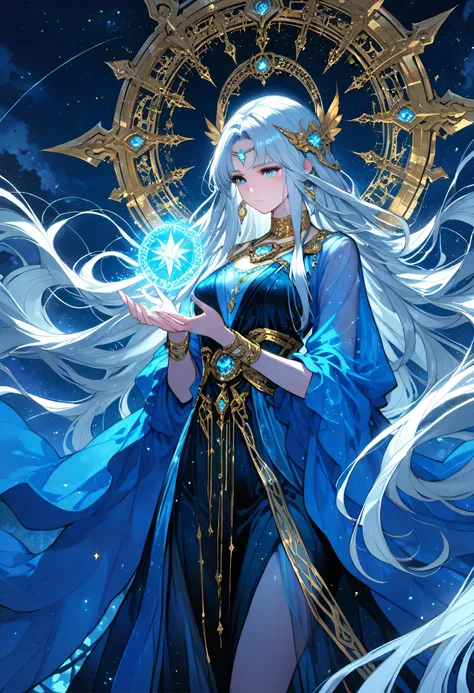 a picture of woman wearing transluminescent dress, black silk dress, intricate dress, transparent dress, blue sleeves, epic beautiful woman, divine beauty, serene beauty, silver hair, shining hair, lush hair, long hair, stars entwined in the woman's hair, ...