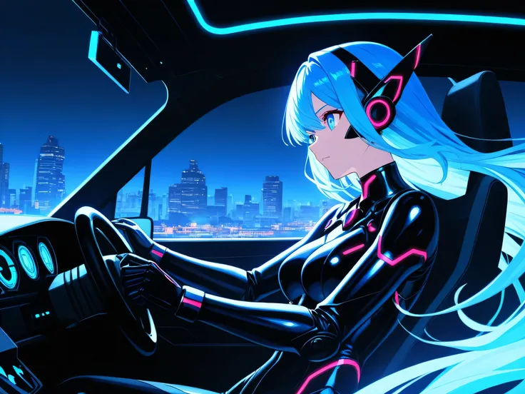 A cybernetic anime girl with glowing neon-blue eyes and sleek robotic arms, driving a futuristic sports car at high speed through a neon-lit city at night. Her hair flows in the wind, wearing a black and chrome cyber-suit, surrounded by holographic display...