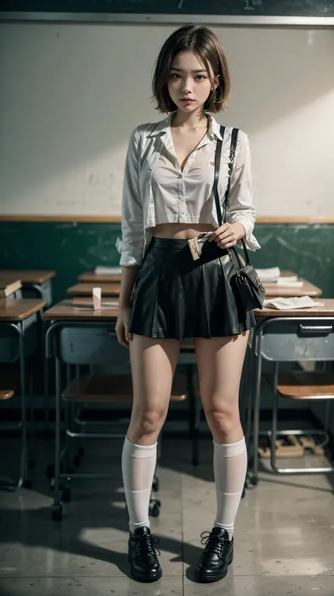 score_9, score_8_acima, score_7_acima, A college girl , flat breasted and short hair , wearing a sexy school outfit, including a small cropped skirt, a thin white short blouse , thigh-high socks, showing the navel . the girl is shy and flushed . T...