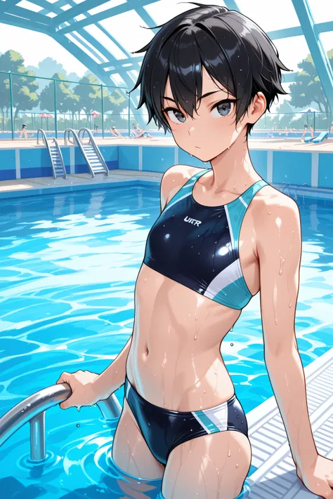 Best Quality, ultra detailed, (solo tomboy), black hair, slim, (swim wear), WET, Waterpark, in the pool, looking for viewer, flat chest,