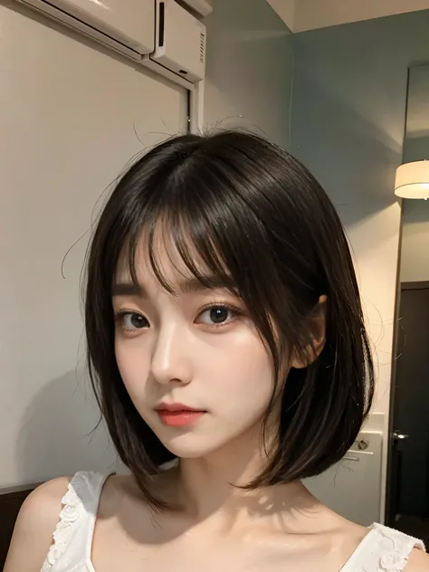 1girl, shoulder-length hair, fluffy dark brown hair, dark brown glossy eyes, long eyelashes, cute face, Japanese style, fair skin, mature aura, stylish, aesthetic look, 廃墟となった落書きのある通り, ゆとりのあるスウェットパンツ, パンクスタイル, 巨乳,  ダウンブラウス, 前かがみ, にやり,  アジアンガール, 