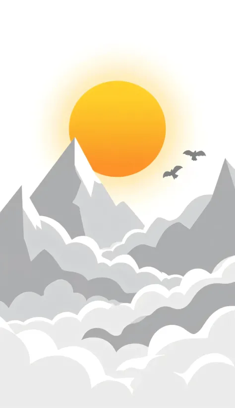 Minimalist art style, stylized minimalist vector art of a white , yellow of mountain, white sun featuring a stylish sunset vibrant colors,white ,birds on sky , flat glossy perspective, stylized white mountains and magenta and yellow mounatins,yellow ,mount...