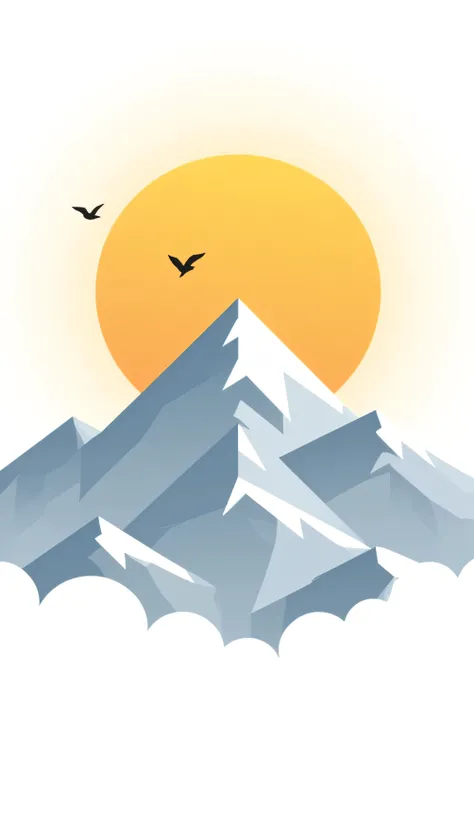 Minimalist art style, stylized minimalist vector art of a white , yellow of mountain, white sun featuring a stylish sunset vibrant colors,white ,birds on sky , flat glossy perspective, stylized white mountains and magenta and yellow mounatins,yellow ,mount...