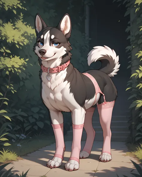 ((wild husky dog)), ((feral)), (quadruped), blue eyes, solo, standing, paws,  collar,  garter belt , Pink Stockings, looks at the viewer, seductive smile,  score_9, score_8_up, score_7_up, score_6_up, score_5_up, score_4_up