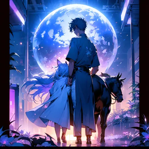 disorganized 、male and female couples、movie poster、Inji,Highest Quality、masterpiece、Official Art、The best light source、best combination、Super Detail、Super beautiful、16k、Super Detailな目、Wisteria Trellis Background 、Picture Frame、Picture Frameに紫のLEDライト、indir...