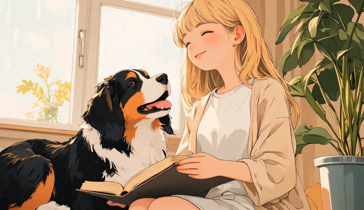 Anime-style illustration, mid-closeup of a cheerful blonde woman with straight shoulder-length hair, wearing a soft beige cardigan over a white tee, smiling gently with eyes closed while holding an open book. Beside her, a happy Bernese Mountain Dog (black...