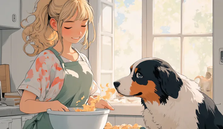 Anime-style, 16:9 mid-closeup of a smiling blonde woman in a ponytail, wearing a pastel apron and short-sleeve blouse, stirring in a bowl on the counter. Her Bernese Mountain Dog peeks up from the floor with a curious expression. Simple kitchen backdrop wi...