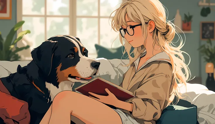 Anime-style, 16:9 mid-closeup of a cheerful blonde woman wearing reading glasses, hair in a low bun with loose strands, smiling with closed eyes while reading a book. She sits on a sofa with her Bernese Mountain Dog lying beside her, resting its head on a ...