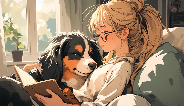 Anime-style, 16:9 mid-closeup of a cheerful blonde woman wearing reading glasses, hair in a low bun with loose strands, smiling with closed eyes while reading a book. She sits on a sofa with her Bernese Mountain Dog lying beside her, resting its head on a ...