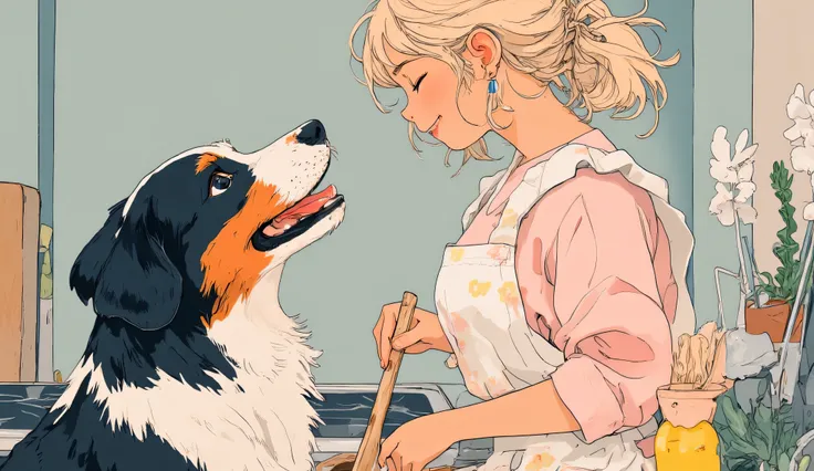 Anime-style, mid-closeup of a smiling blonde woman in a ponytail with a few curls loose near her cheeks, wearing a floral apron over a pastel pink blouse. She stirs with a wooden spoon while her Bernese Mountain Dog looks up eagerly from below. Background:...