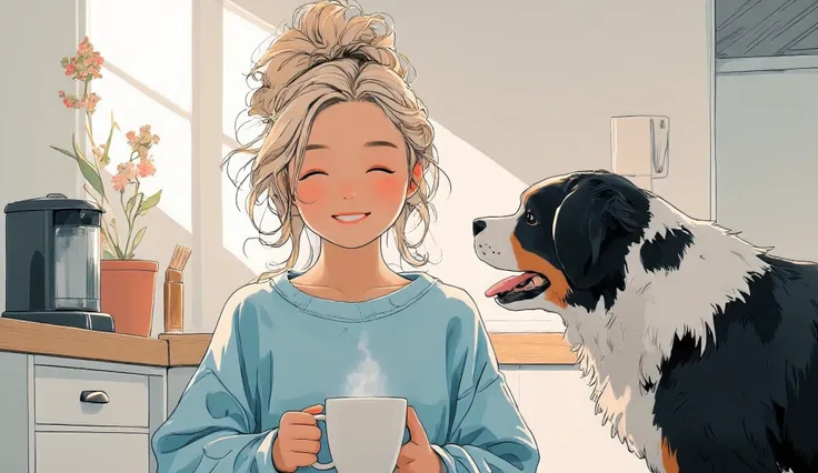 Anime-style, mid-closeup of a blonde woman with a messy bun, smiling with eyes closed, wearing a light blue oversized sweatshirt. She holds a steaming mug while her Bernese Mountain Dog stands beside her with a happy expression and perked ears. Background:...