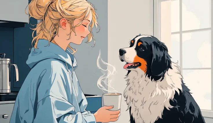 Anime-style, mid-closeup of a blonde woman with a messy bun, smiling with eyes closed, wearing a light blue oversized sweatshirt. She holds a steaming mug while her Bernese Mountain Dog stands beside her with a happy expression and perked ears. Background:...