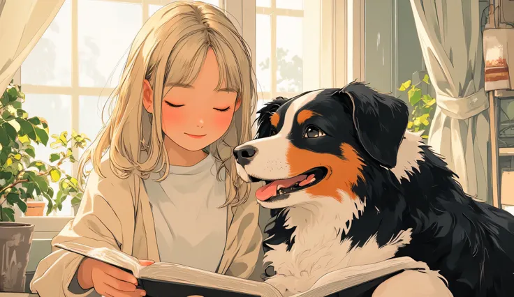 Anime-style illustration, mid-closeup of a cheerful blonde woman with straight shoulder-length hair, wearing a soft beige cardigan over a white tee, smiling gently with eyes closed while holding an open book. Beside her, a happy Bernese Mountain Dog (black...