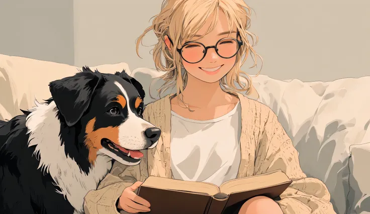 Anime-style, mid-closeup of a cheerful blonde woman wearing thin reading glasses, hair in a low bun with soft strands framing her face, smiling with closed eyes while holding an open book. She wears a beige knit cardigan over a white tee. Her Bernese Mount...
