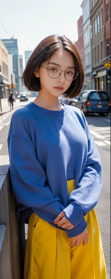 (RAW Photos, Highest quality), (Glasses), masterpiece, Natural light, upper body shot, 1 Girl, Stylish, wearing oversize sarouel pants:1.2, long sleeve Sweatshirt, Female Model, Fashion Street, Mode, accessories, Colorful background, Urban landscape, looki...