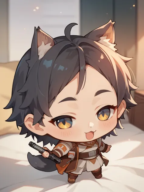 score_9, score_8_ up, score_7_ up, score_6_ up, score_5_ up, anime,nsfw, uncensored ,( chibi:1.5),An anime-style picture of a little wolf girl wearing a Star Wars Jedi Master costume, wolf tail ,Hold a light sabre, bid,depth of field,Kyoani Style,glitter,