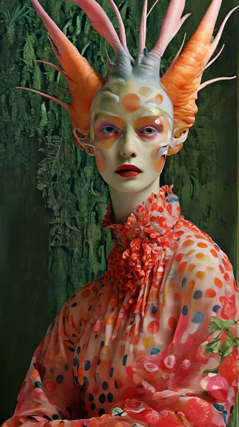 Tim Walker inspired, fashion photography, whimsical settings, surreal elements, creative storytelling, vibrant colors, (detailed face:1.05), hyperrealistic, photorealistic, until, masterpiece