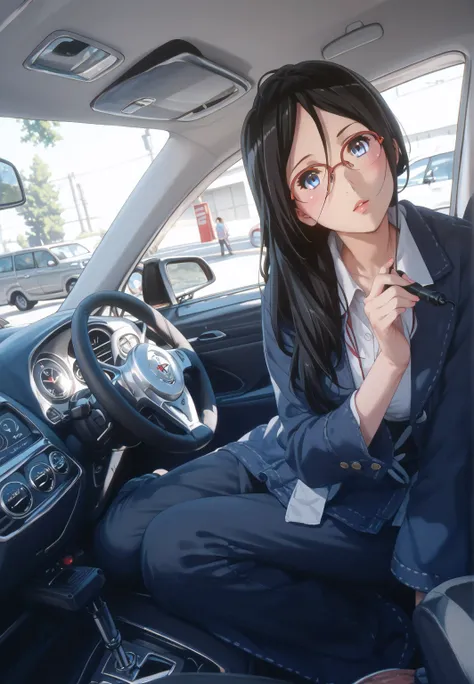  ((inspired by Asuka Tanaka:1.2)),(inspired by Kyoto Animation Style),(masterpiece, best quality),beautiful, beautiful-woman, ((detailed face)).(full body:1.3).,
((black hair)), glasses, blue eyes, long hair, over-rim eye-wear,cowboy shot, semi-rimless eye...