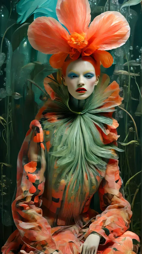 Tim Walker inspired, fashion photography, whimsical settings, surreal elements, creative storytelling, vibrant colors, (detailed face:1.05), hyperrealistic, photorealistic