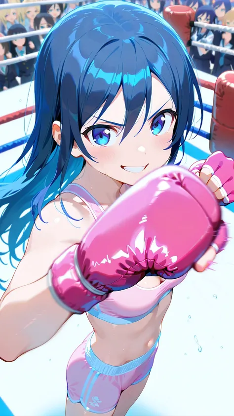 ayase aragaki, long hair, blue eyes, black hair, solo, Detailed eyes, pink sports bra, pink sports very short spats, pink fingerless gloves, thigh, cleavage, slim long legs, medium breast, serious grin, looking at viewer, Detailed eyes, Detailed face, from...