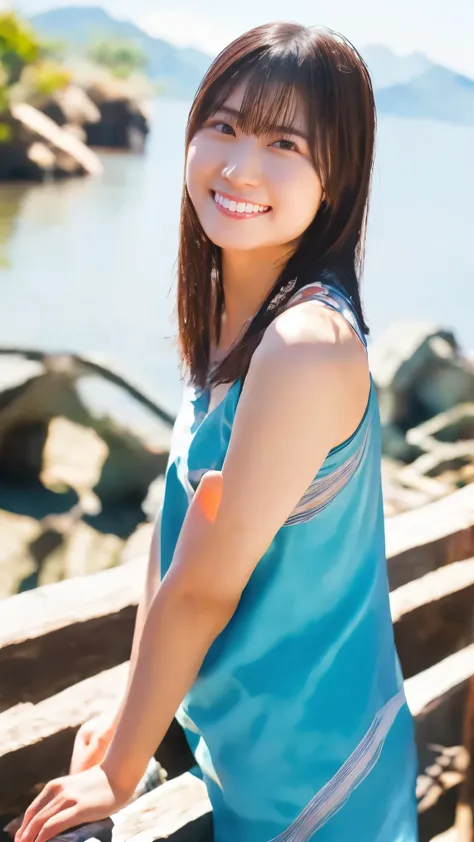 (((photorealistic))), ((realistic)), ((Super fine face)), cheongsam, upper body, looking at viewer, Front view
She's in a beautiful sea, she has long dark hair , She does sexy poses,the sun is shining