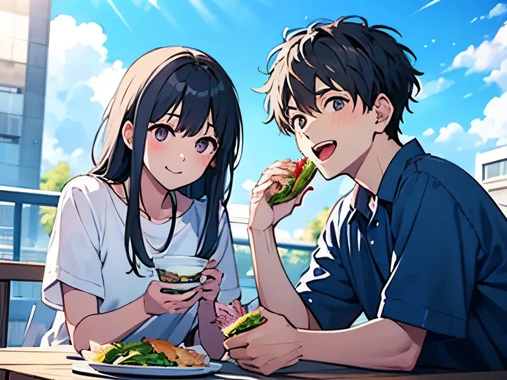 1boy is sandwich eat、maleはかっこいい、purple hair、male、rui kamishiro 1Girl is rice boll eat、boy&Girl、male女、True Face、The woman is eating a rice ball、maleはサンドイッチを食べている、rooftop、boy&girl、They are sitting side by side and eating
